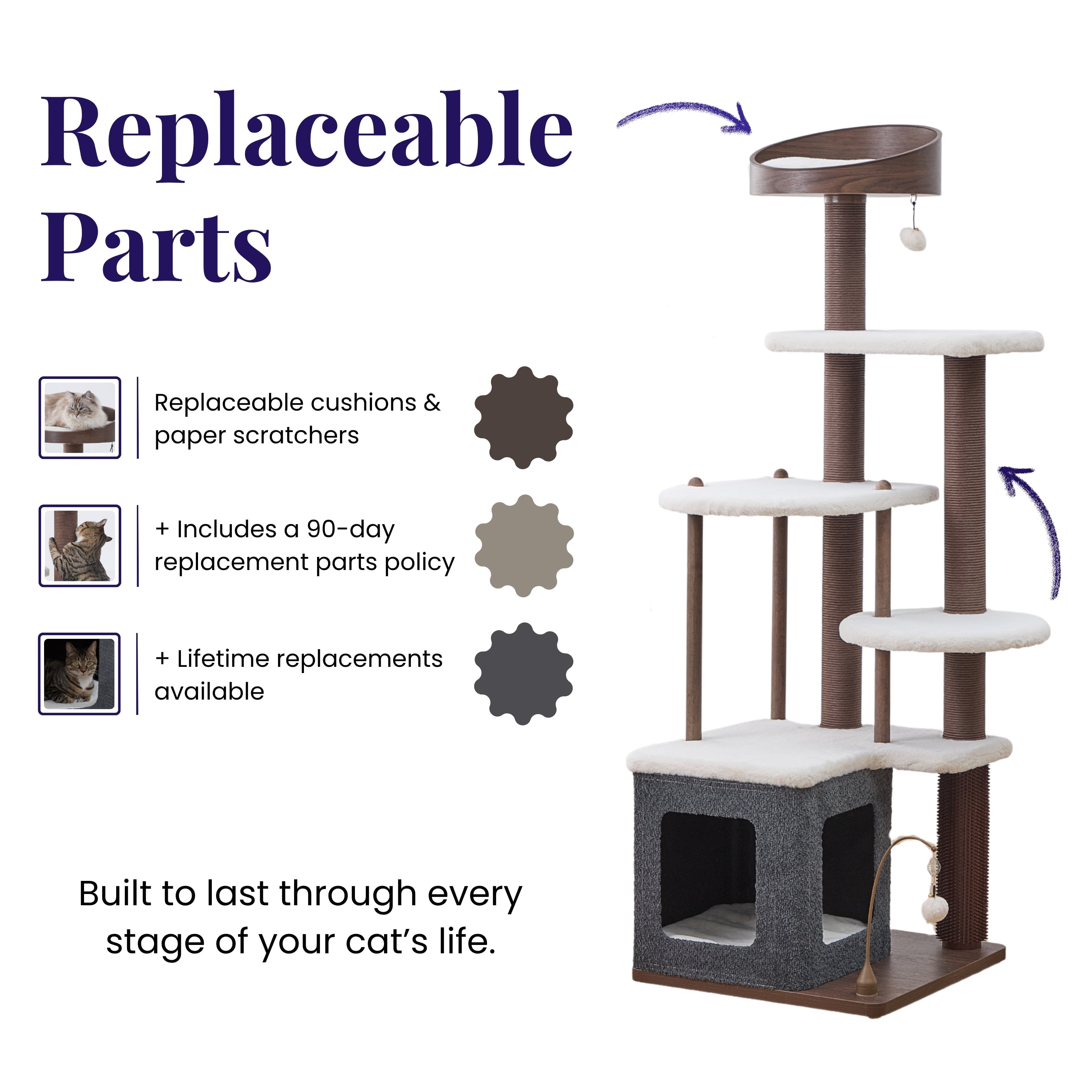 Catry® Trinity 5-Level Cat Tree with Washable Beds, Recycled Paper Scratchers, Toys, Massager & Laminated Wood, Gray