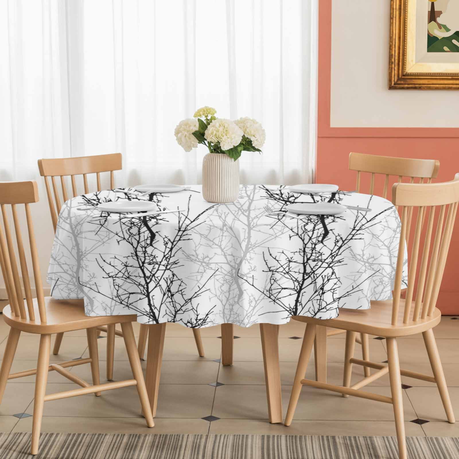 Round Tablecloth Black Grey Minimalist Tree Waterproof Oil Proof Polyester Table Cloth Cover Decor for Home Dining Outdoor,Patio,Parties, 60" Dia. Vintage Branch