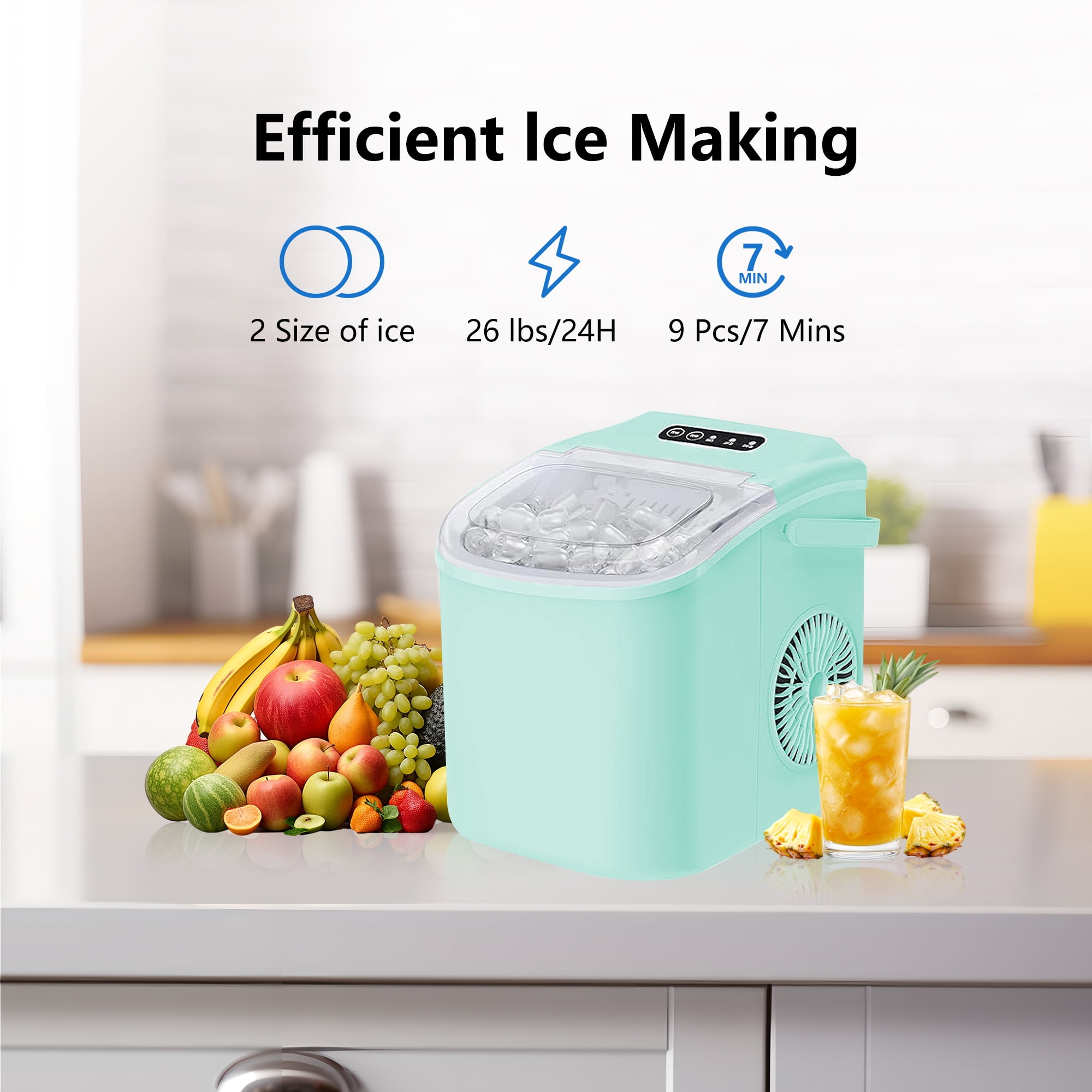 HUMSURE Countertop Ice Maker Machine with Handle, 26lbs  Per Day, 9 Ice Cubes Ready in 7 Mins, Self-Cleaning Portable Ice Maker with Basket and Scoop, for Home/Party/Kitchen/Camping/RV(Green)
