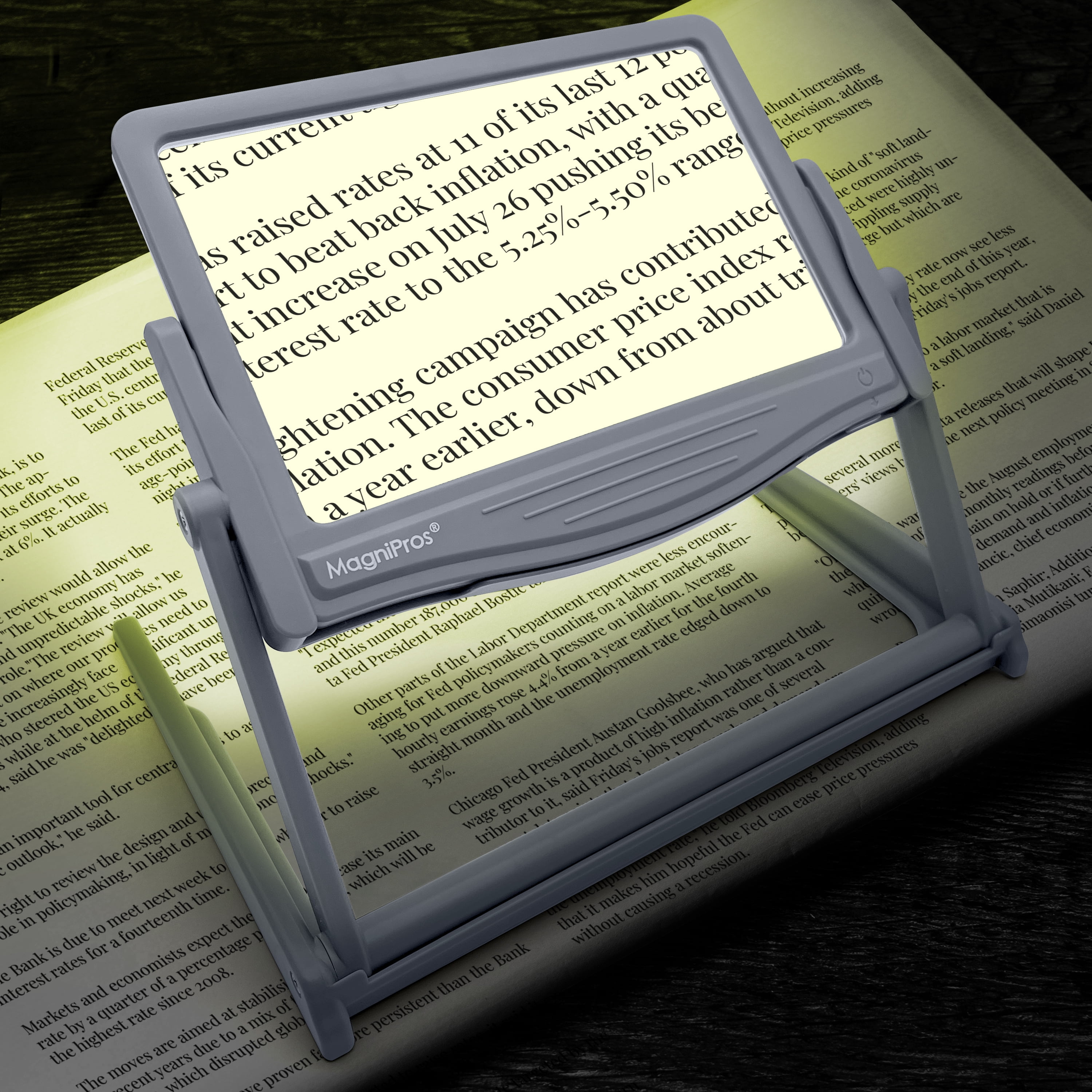 MAGNIPROS 5X Large LED Full Page Magnifying Glass with Collapsible Hands-Free Stand & 3 Color Modes to Reduce Eye Strain, Ideal for Reading Small Prints, Crafting, Low Vision & Seniors
