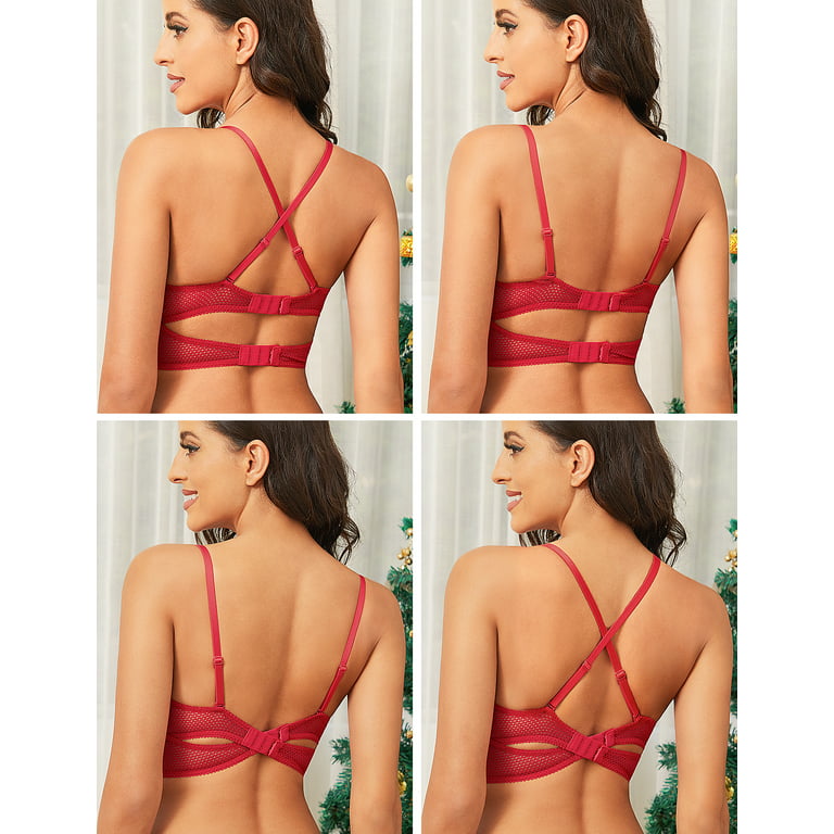 Wingslove Women's Sexy Lace Balconette Bra Longline See Through Unlined  Underwire Multiway Bralette with Silicone Nipple, Lava Red 38C 