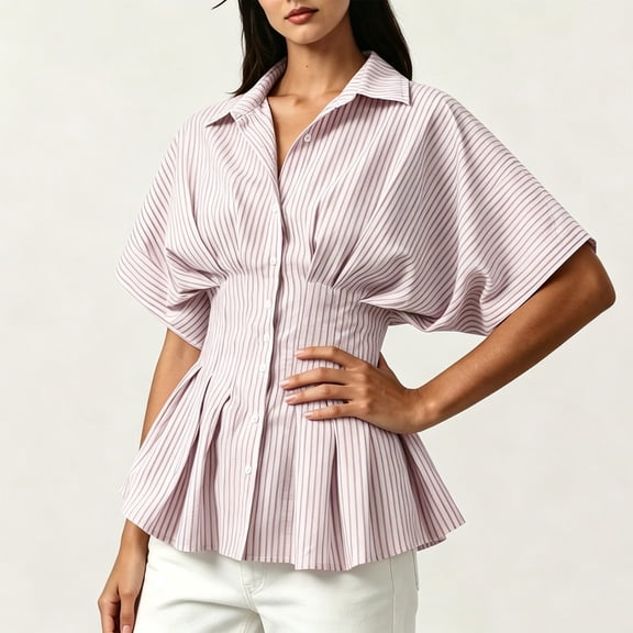 SSZMDLB Women Collared Short Sleeve Button Down Pleated Peplum Top Casual Blouse Solid Basic Shirt Office Outfits Summer Work Tops, Red S