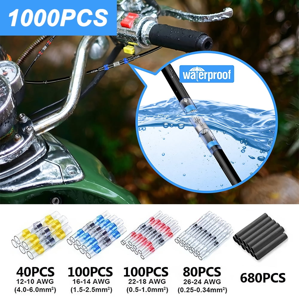 Heat Shrink Solder Seal Wire Connectors Kit 1000PCS, Waterproof Butt Connector Heat Shrink Electrical Terminals, Insulated Solderless Wiring Splice Connectors for Marine Automotive Boat Truck