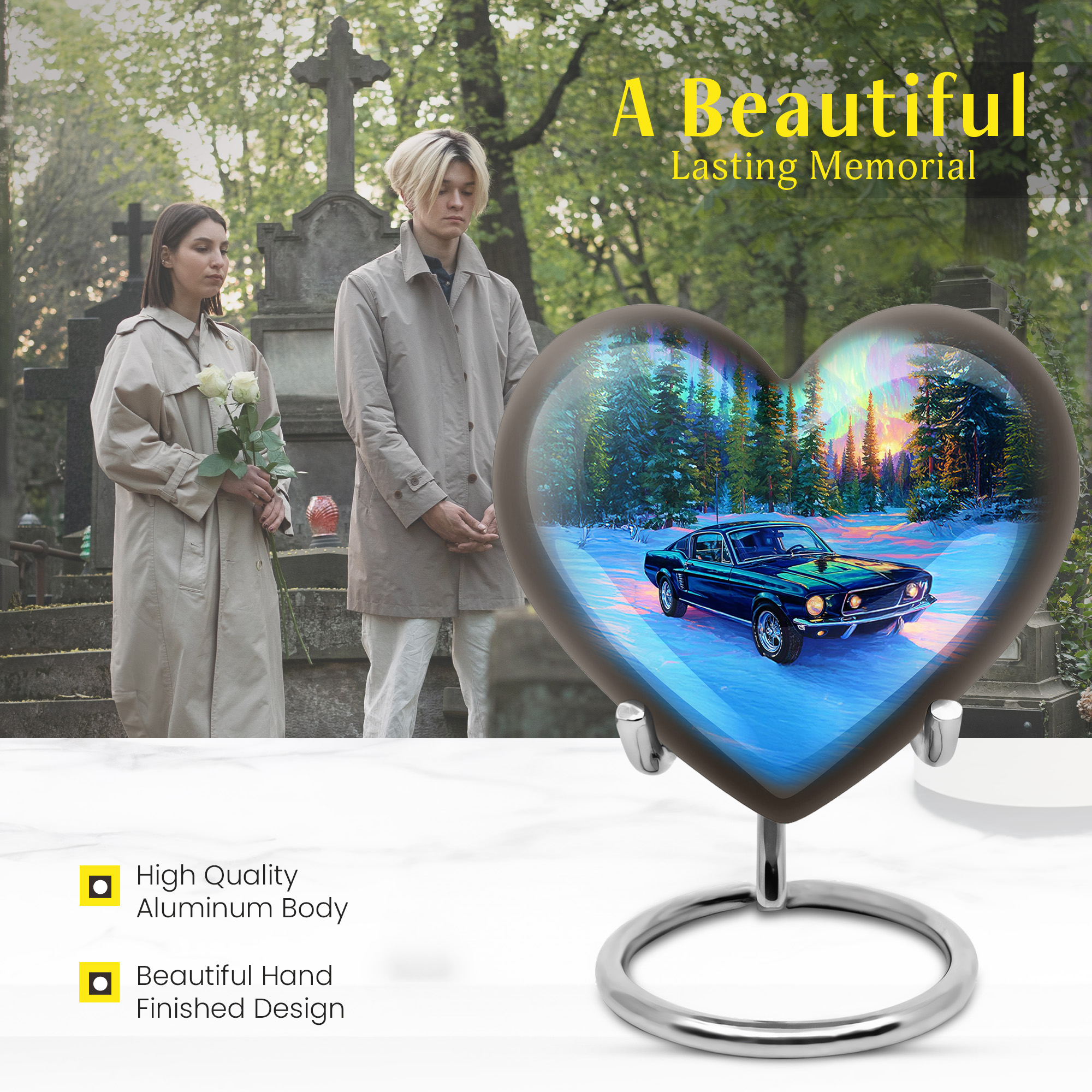 MUKTIVE Car Memorial Urns for Human Ashes, Funeral Green Urn for Ashes Adult Male & Female, Ash Heart Urns for Mom and Dad, Northern Light Urn for Burial in Ground, 3 Inch