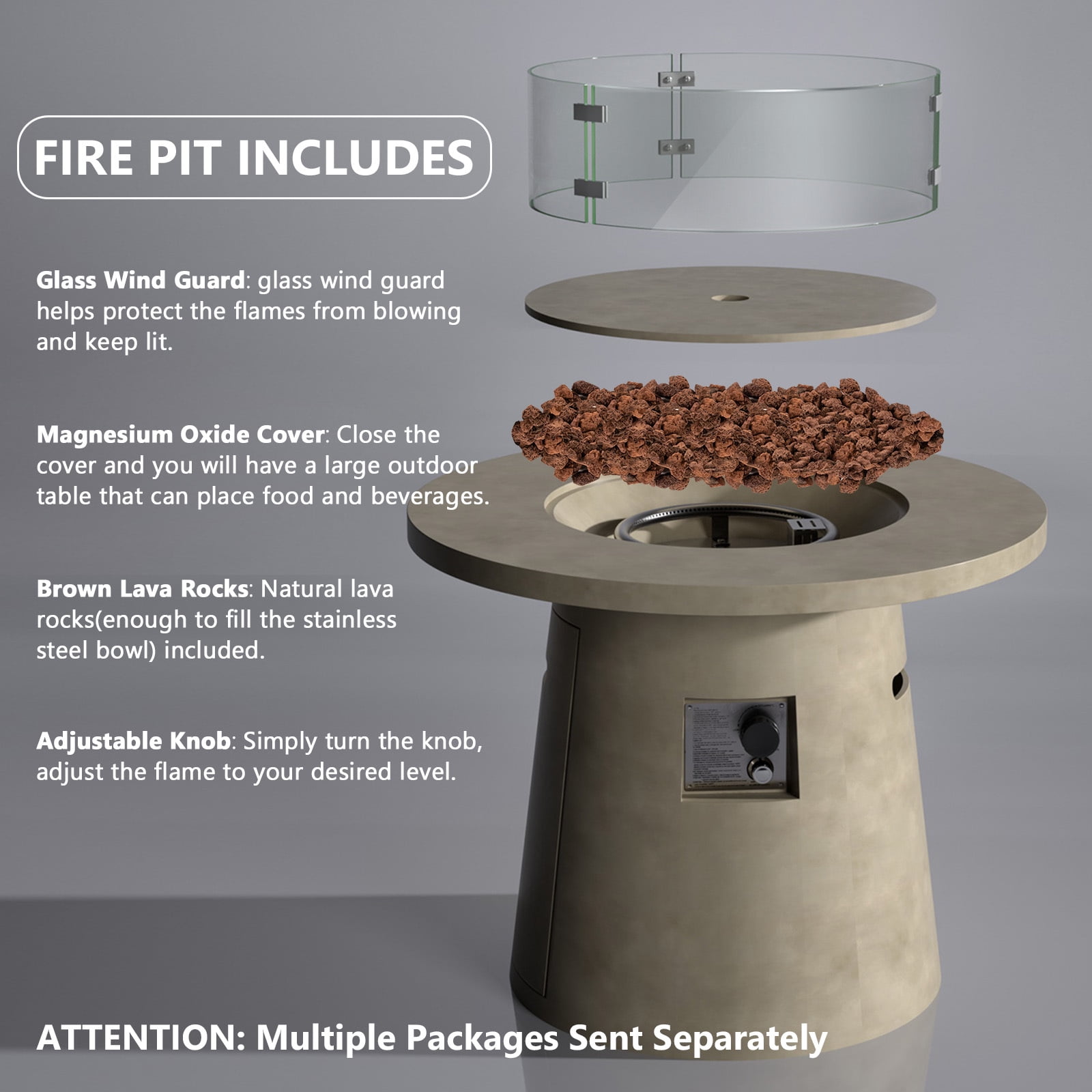 VENTOPYR 31.5-Inch Round Propane Fire Pit, Magnesium Oxide Table, 40,000 BTU Burner, Lava Rocks Included