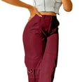 thumbnail image 3 of Fulijie Womens Daily Elastic Waist Pockets Straight Solid Color Casual Pants Loose Pockets Cargo Long Trousers, Red Lounge Pants Women, Nylon,Spandex Petite Pants for Women, White Pants Women, 3 of 8