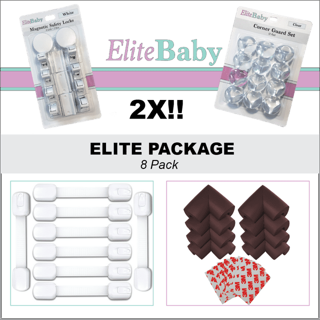 EliteBaby Baby Proofing Child Safety Kit, 8 Pack, Magnetic Cabinet Locks, Child Safety Locks, Clear Corner Guards, Brown Corner Protectors, No Tools