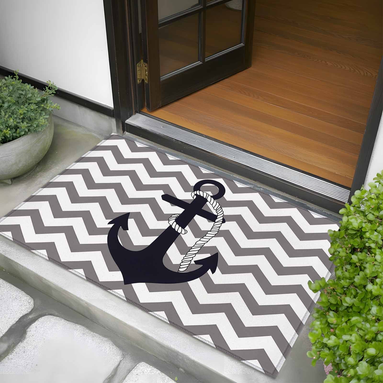 Black Nautical Anchor 2x3 Door Mat Rug, Gray Stripe Modern Wavy Lines Non-Skid Rubber Backing Large Rectangle Rugs - Living Room Bedroom Home Office, Indoor Floor Mat Carpets Washable Rug