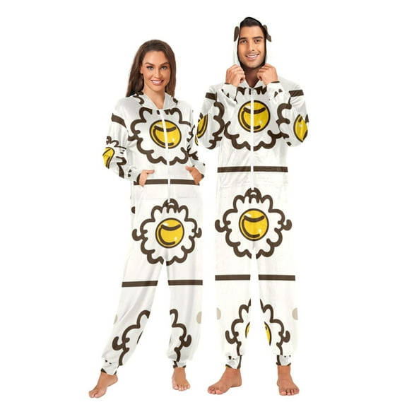 Happy Fried Egg Pattern Adult onesie Pajamas, Crystal Velvet Ultra Soft Warm Jumpsuit for Men and Women