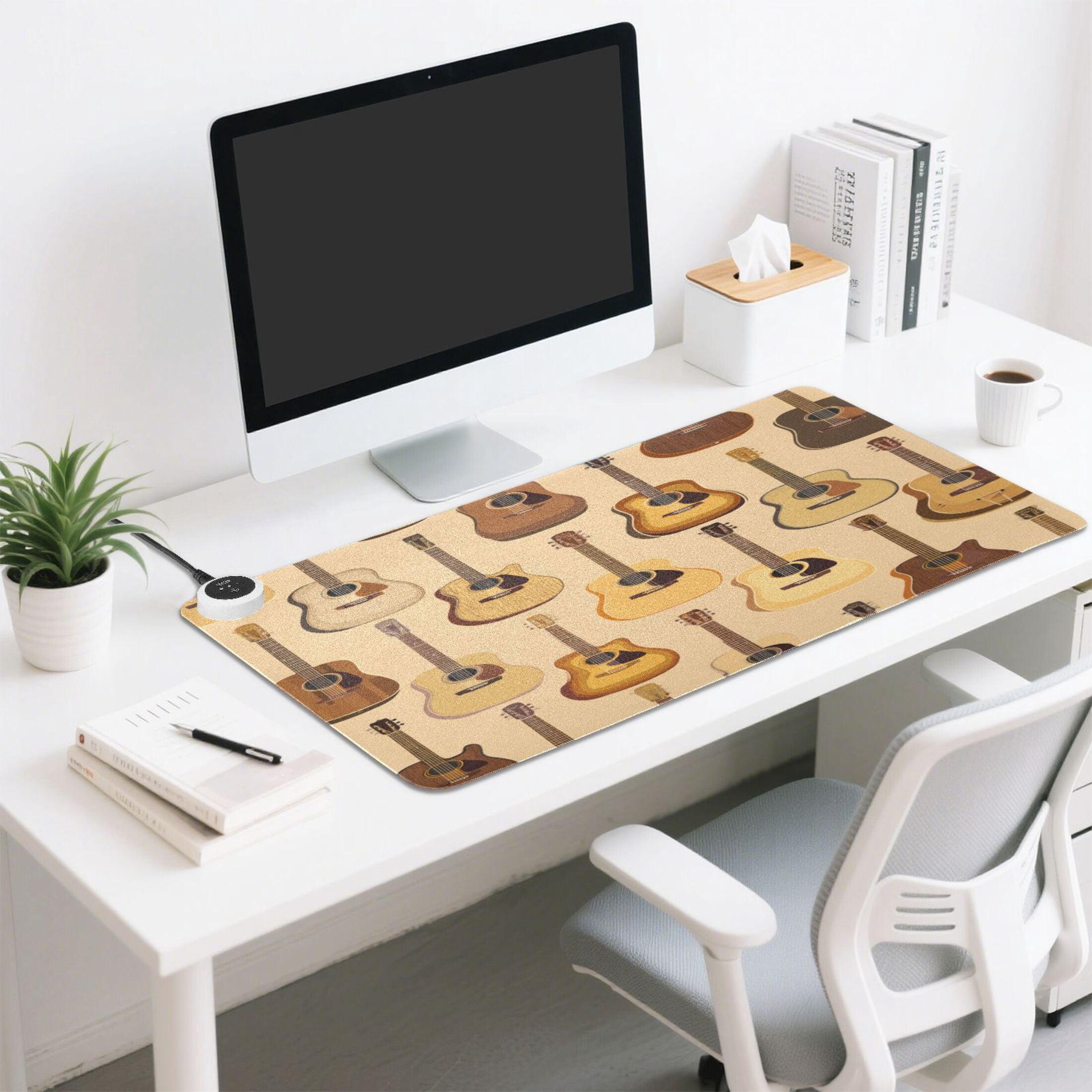 Large Heated Desk Mat Mouse Pad 31.5"x13"PU Leather Graphene Heating Desk Warmer with 3 Temperature Settings 110V US Plug Non-Slip Warm Pad for Home, Office, and Gaming Warm Acoustic Guitar Pattern