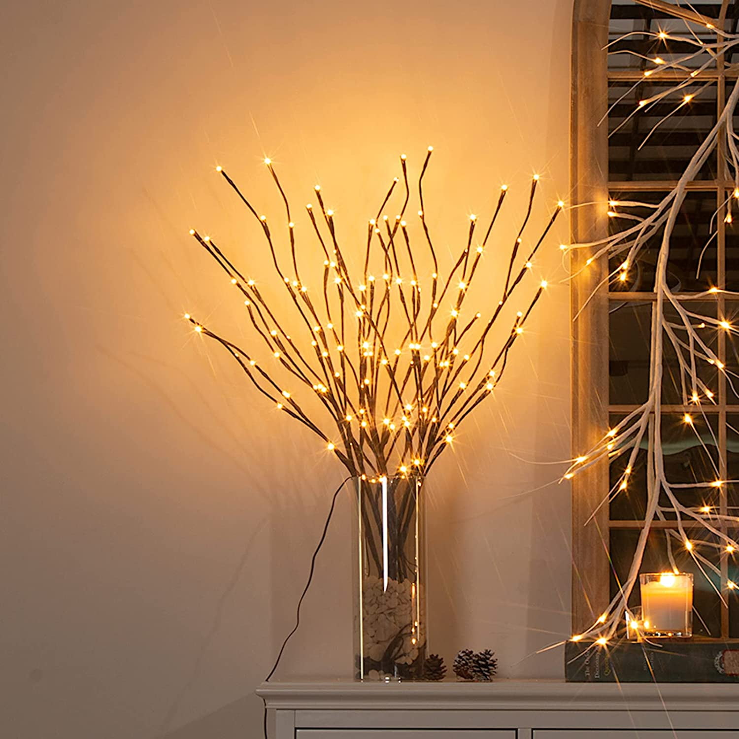 3PK 30" Brown Lighted Twig Branches Pathway Light 60 LED Warm White Bulbs for Outdoor and Indoor