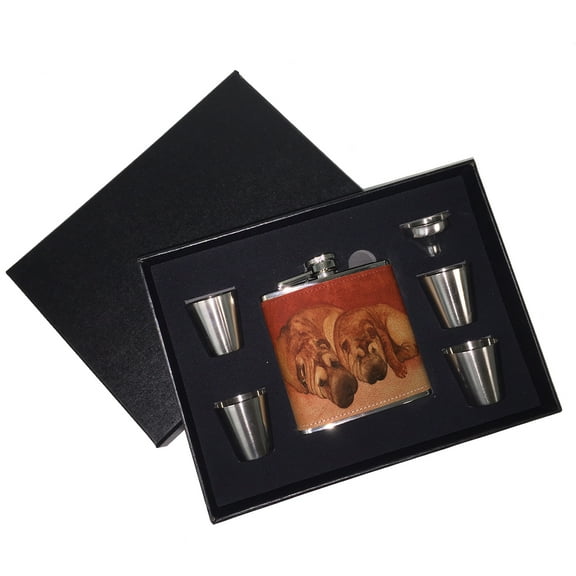KuzmarK 6 oz. Leather Flask Set in Black Presentation Box -  Chinese Shar-Pei Mother and Daughter Art by Denise Every