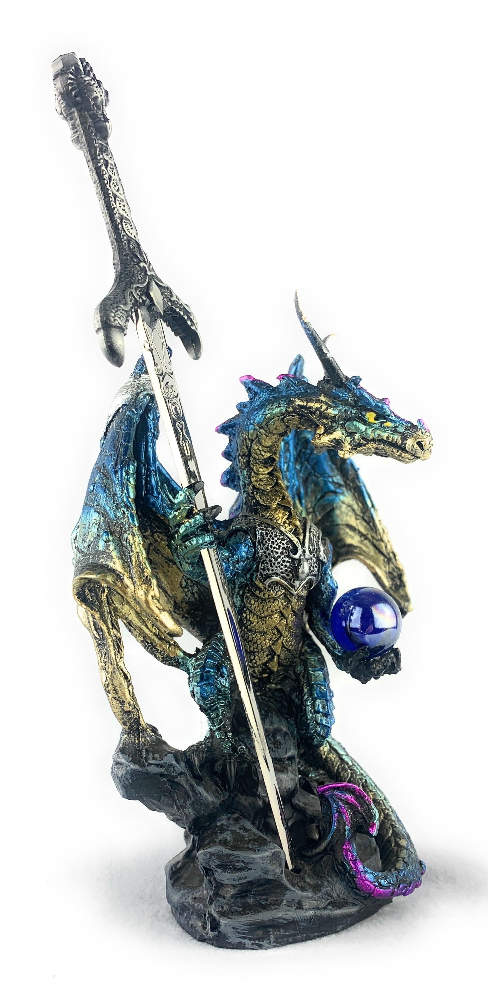 Ain’t It Nice Dragon Statue with Medieval Dragon Sword and Crystal Ball Collectible Dragon Figurine Fantasy Medieval Dragon Décor, Blue & Gold Colored 4(L) 2(W) 7(H) inches