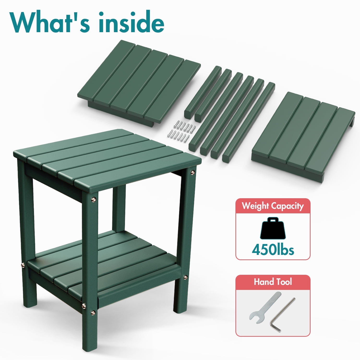 Hidpriva Set of 2 Adirondack Outdoor Side Table, 2-Tier HDPE Weather Resistant Patio End Table, Dark Green