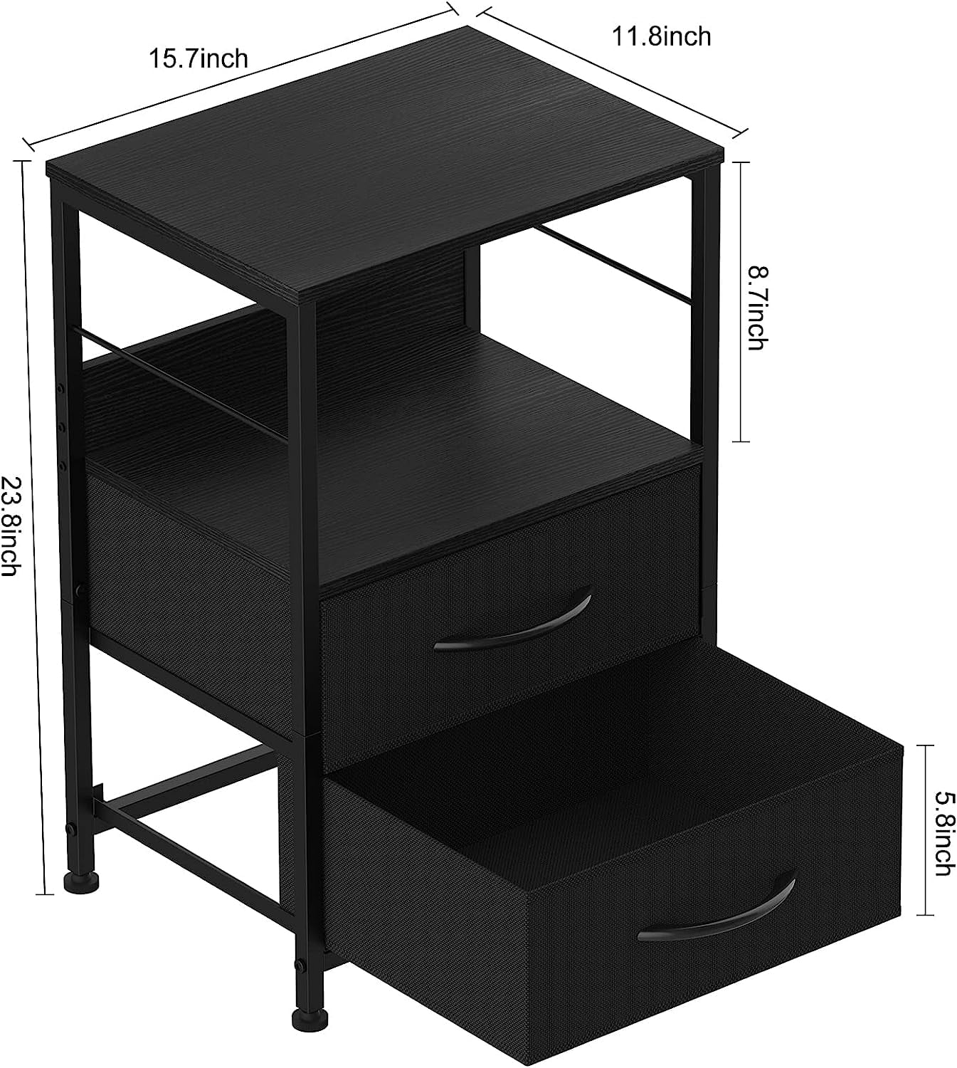 Nightstand for Bedroom End Side Table with 2 Drawers and Open Shelf Wood, Black