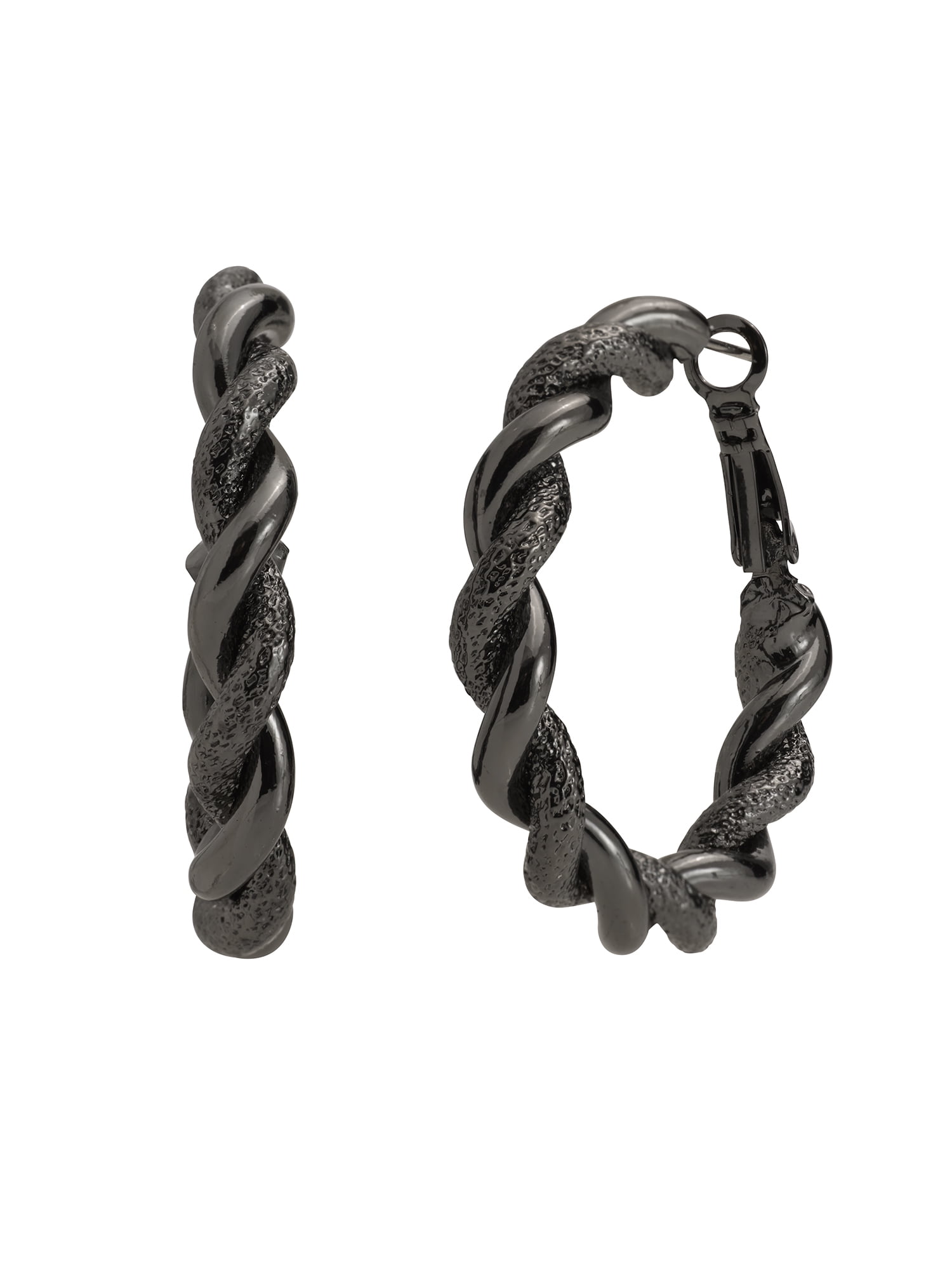 Madden NYC Women's Fashion Black Textured Twist Medium Hoop Earrings