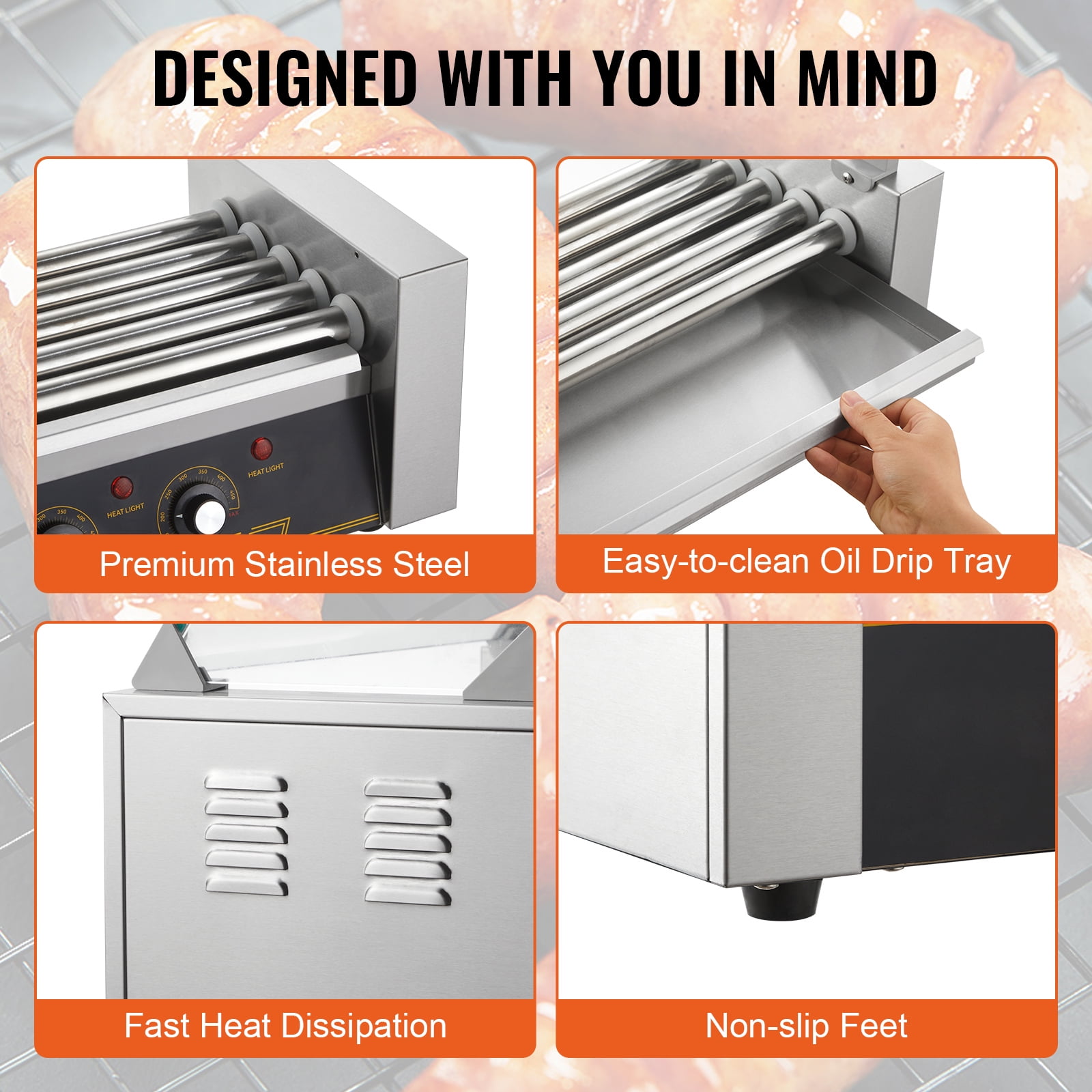 KFFKFF Commercial Hot Dog Roller Grill, Stainless Steel Sausage Grill Cooker Machine with 5 Rollers, for 12 Hot Dogs, 750W, Dual Temperature Control, Bun Warming Rack, Detachable Oil Drip Pan