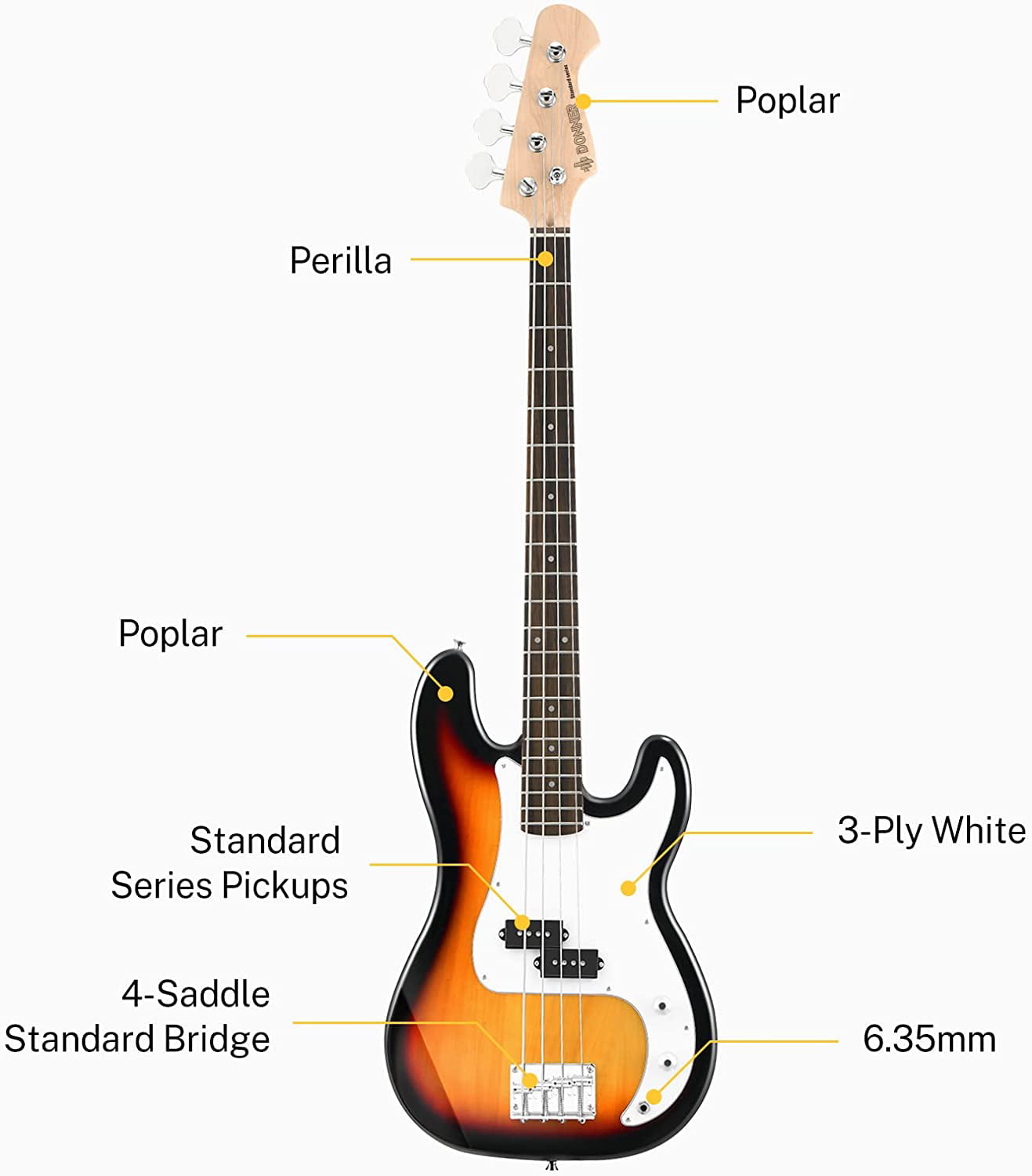 Donner DPB-510D Guitare basse électrique 4 cordes PB pour débutant
