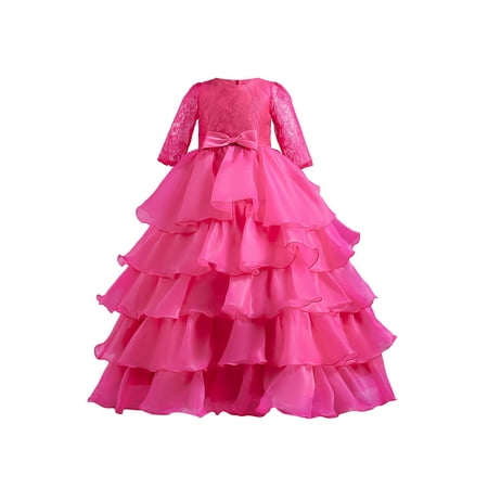 

Calsunbaby Kids Little Girls Princess Dress Children Floral Lace Multi-Layer Ruffle Tutu Summer Gown Frock Prom Dress Rose Red 6-7 Years