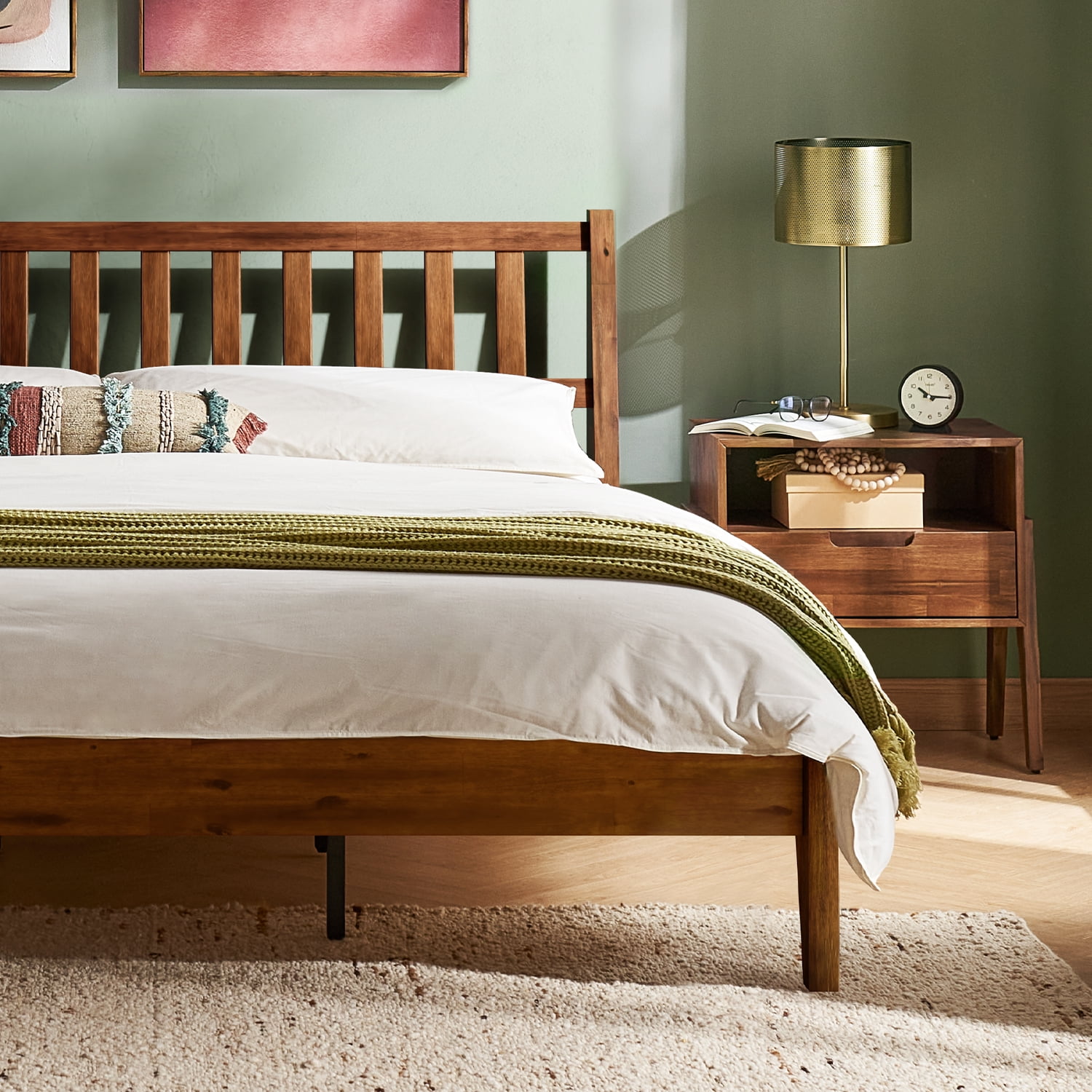 Mopio Ted King Bed Frame with Headboard, Full Size Bed Frame, Mid Century Modern Acacia Solid Wood Platform Bed Frame, Wooden Bed Slats, No Box Spring Needed, Double Metal Bar Support, Walnut