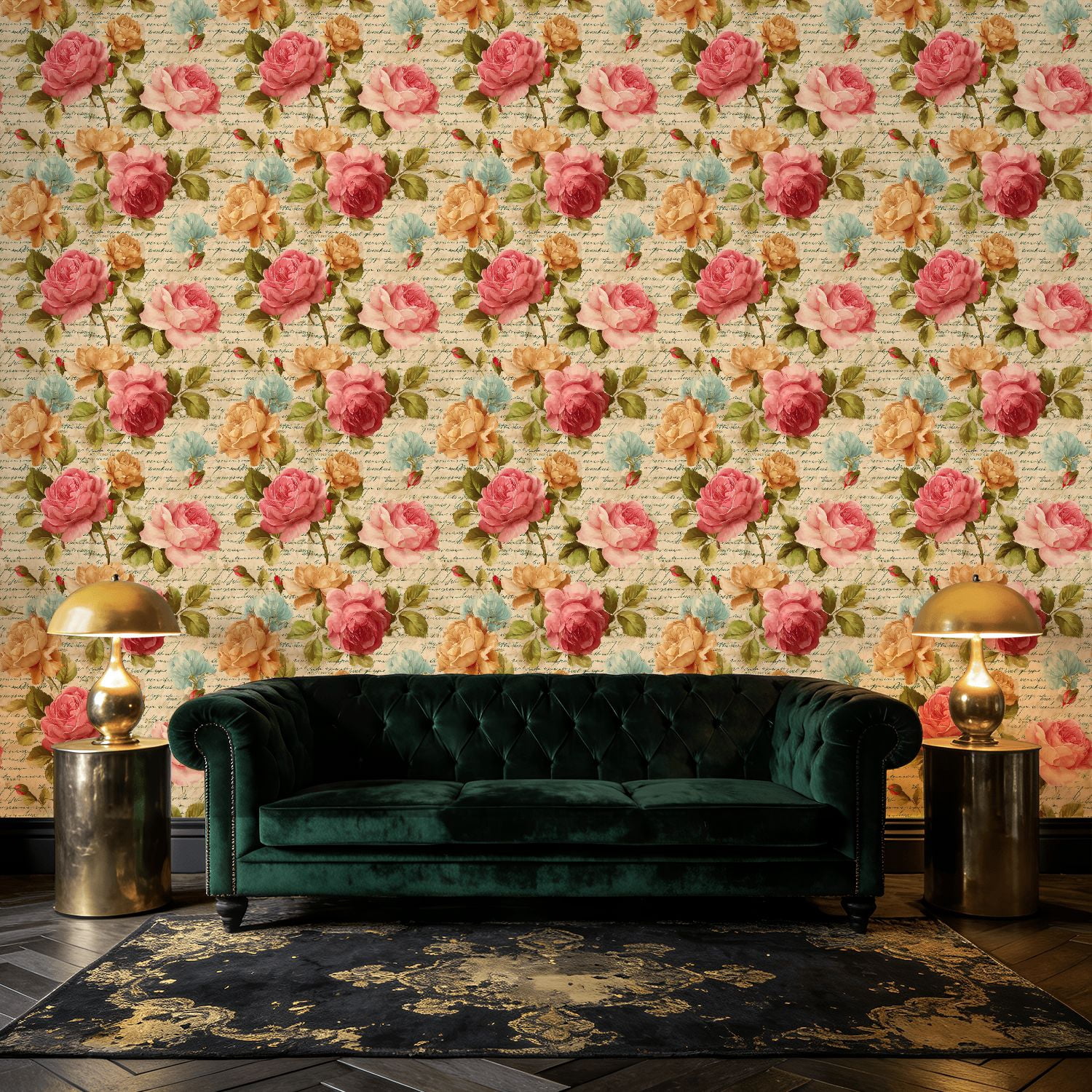Boho Peel and Stick Wallpaper Vintage Floral Rose Handwritten Script Wall Mural 23.6in x 9.8ft Self Adhesive Removable Wall Paper Renter Friendly Wallpaper for Bedroom Kitchen Farm