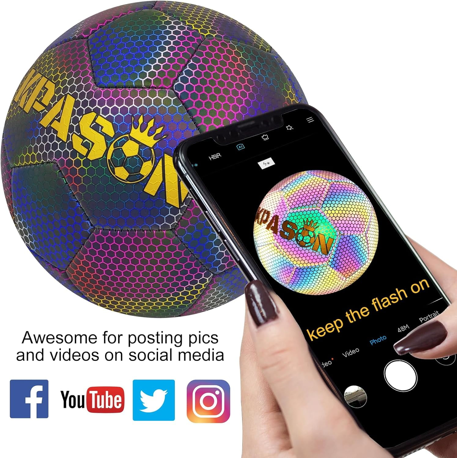 Soccer Ball, Holographic Soccer Ball Reflective Glowing Soccer Ball Gift for Boys, Girls, Youth, Men Indoor-Outdoor Soccer Training & Night Games