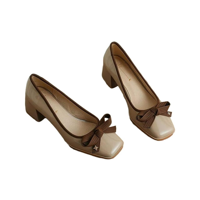 Chaussures pour Femme à Talon Moyen, Bout Carré, Nœud, Strass, Style Rétro, Talon Épais, Douces, en Cuir Verni, Brun