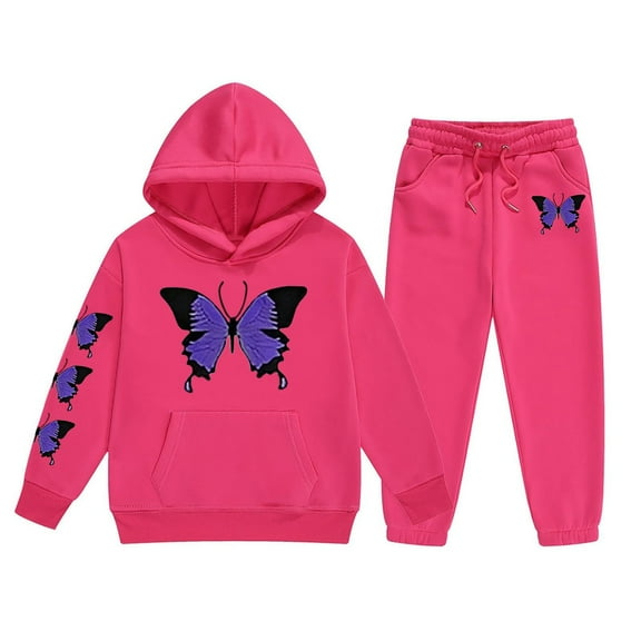 XEGLSBU Girls Fall Outfits Size 6-10 Girls' Clothing Set Buttrfly Print Crop Top Hoodies Sweatpants 2 Pcs Outfits Kids Sweatsuit Tracksuit Jogger Set Hot Pink Size 10-11 Years