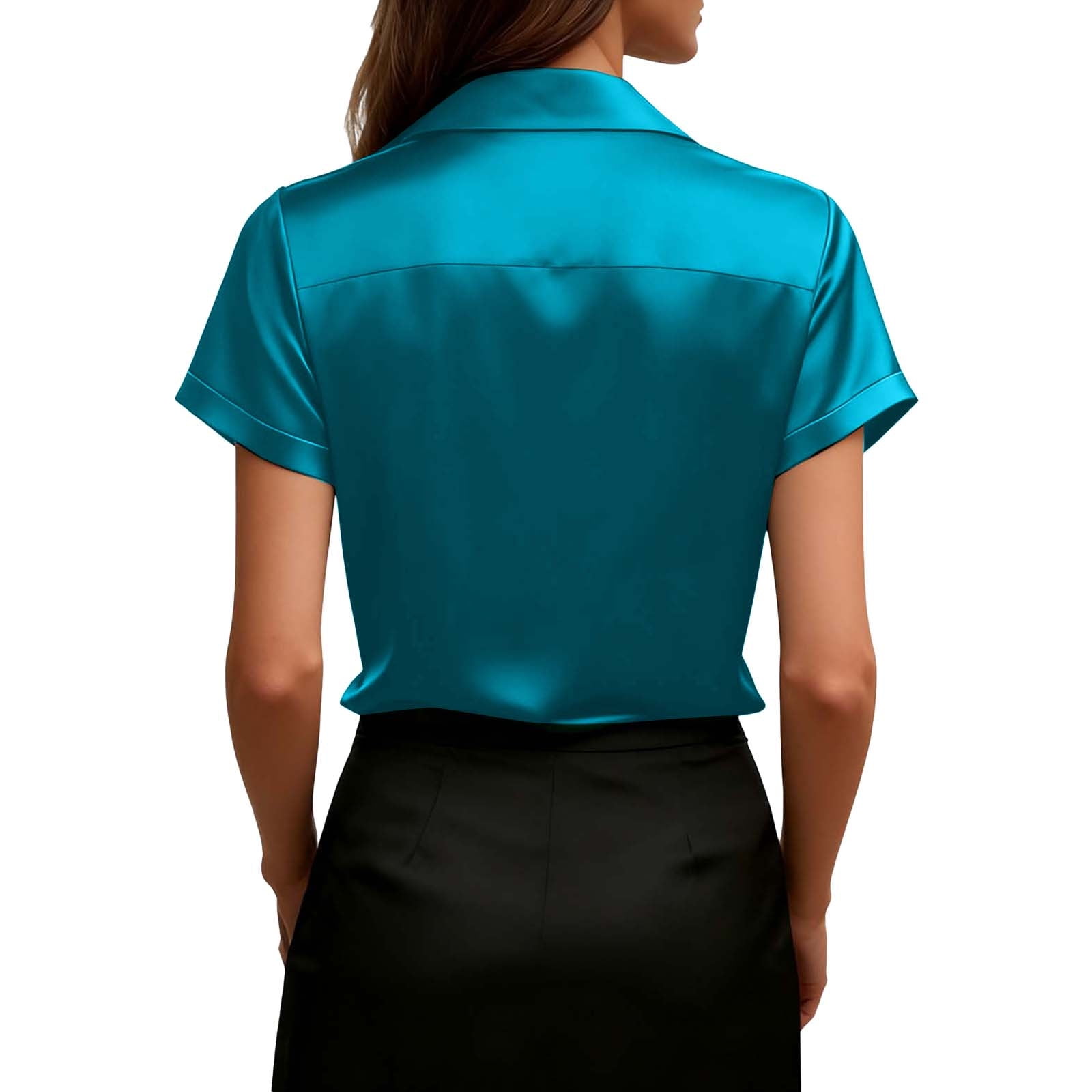Women's Satin Silk Blouse, Draped V Neck Short Sleeve Loose
