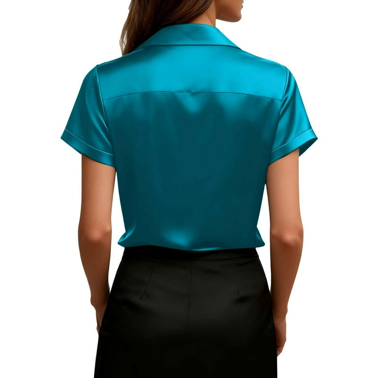 successthop Satin Shirts for Women Casual Cowl Neck Clothes Button