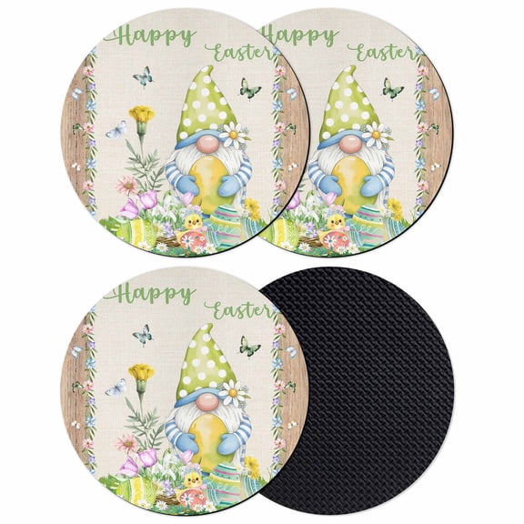 Easter Coasters Set of 4, Absorbent Coasters for Drinks, Rustic Gnomes Duck Floral Colorful Eggs Wooden Grain Coaster for Desk Coffee Table Protection, Home Decor House Warming Gifts 4"