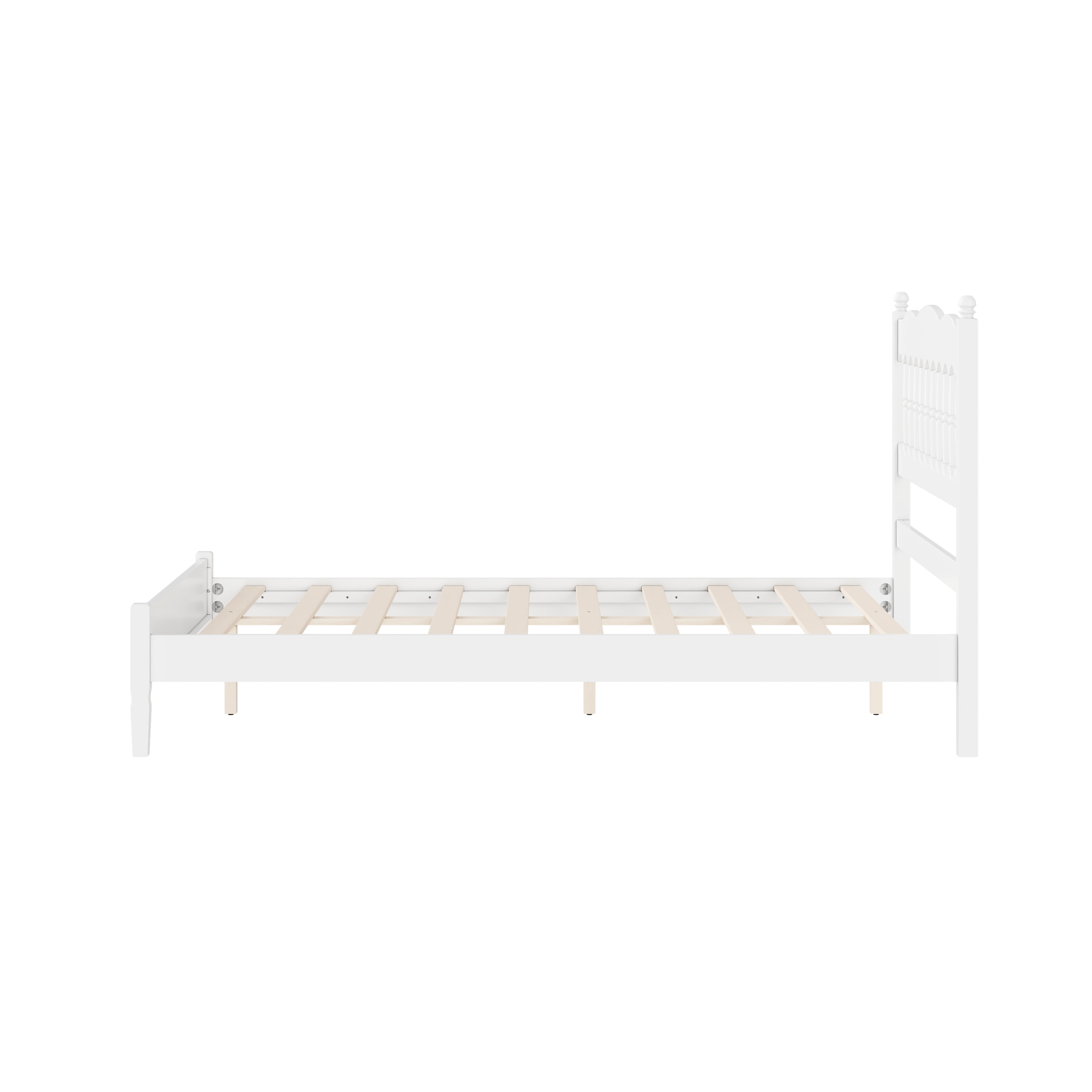 Euroco Wood Full Size Platform Bed, Countryside Style Bed Frame with Spindle Headboard, No Box Spring Needed, White