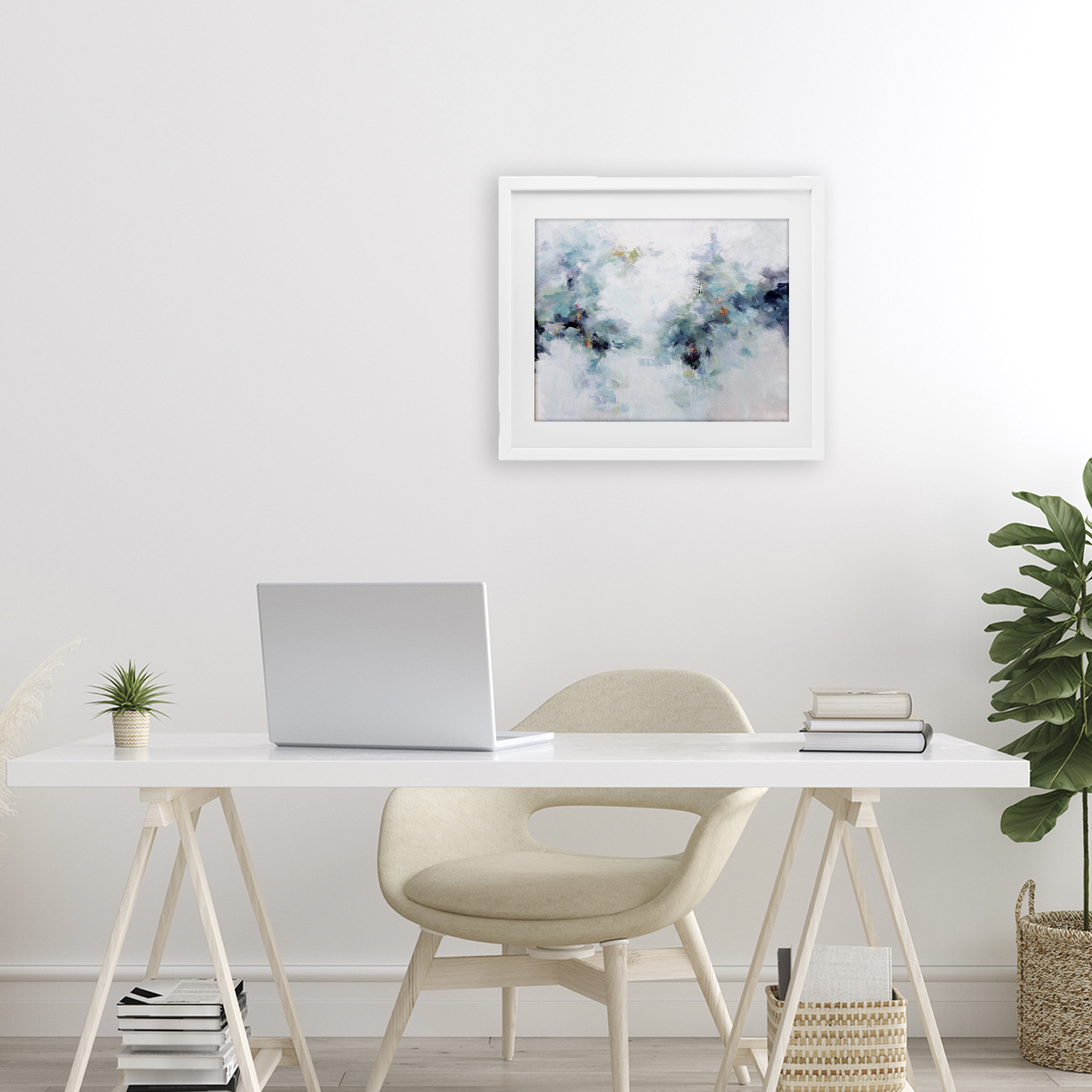 Reaching Out Abstraction White Framed Print Under Glass, design by Karen Hale