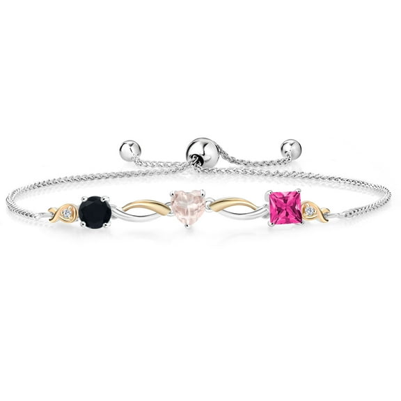 Gem Stone King 925 Silver and 10K Yellow Gold Black Onyx Rose Rose Quartz Pink Mystic Topaz and Lab Grown Diamond Tennis Bracelet for Women By Keren Hanan (1.99 cttw, Adjustable up To 9 inch)