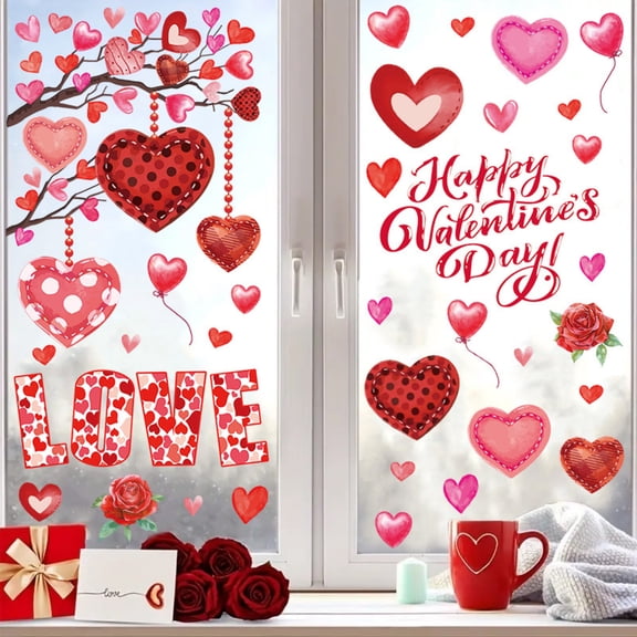 Valentine's Day Window Clings Stickers, Oil Painting Red Pink Heart Window Decals Happy Valentine Stickers for Wedding Party Home Office Glass Window Decorations