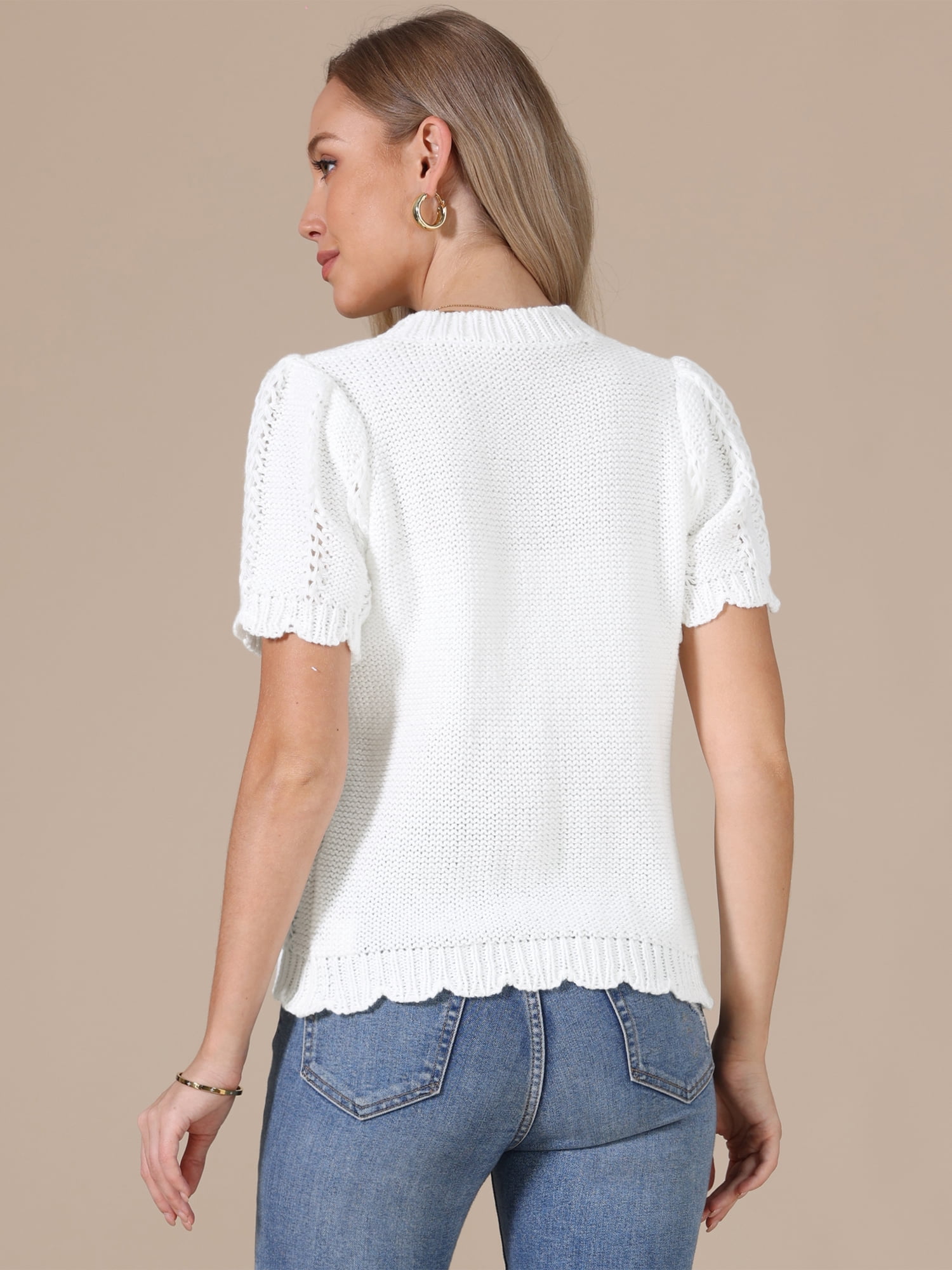 DARING DIVA Women's Crochet Knit Top Short Sleeve Crew Neck Eyelet Embroidery L White