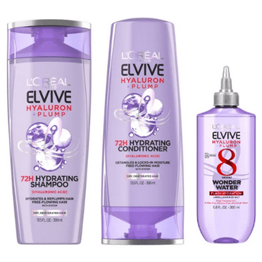 L'Oreal Paris Elvive Hyaluron Plump 72H Hydrating Shampoo, Conditioner, & Wonder Water Set, 13.5 fl oz