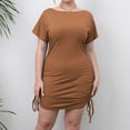 thumbnail image 2 of Women's Plus Size Ruched Drawstring Bodycon Mini Dress Solid Short Sleeve Round Neck Stretch Ribbed Knit Dresses, 2 of 6
