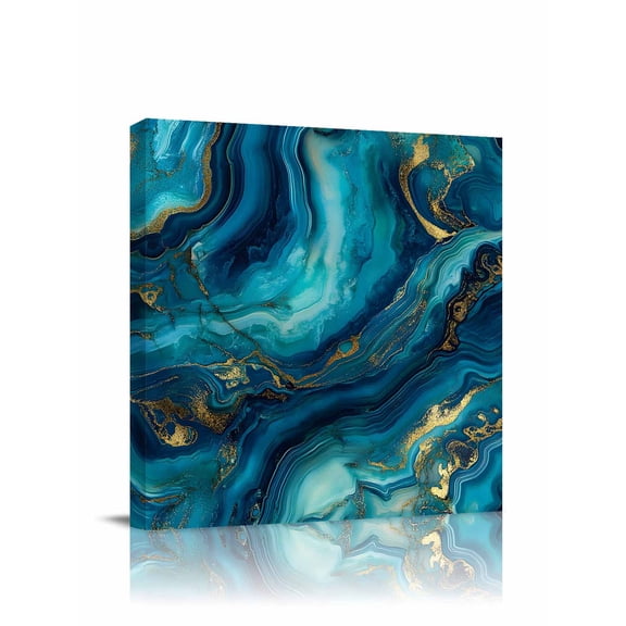 Abstract Marble Canvas Wall Art, Teal Green Gold Gradient Wave Texture Framed Wall Decor Modern Artwork Prints Painting for Living Room, Bedroom, Kitchen & Cafe Decor 8x8 Inch