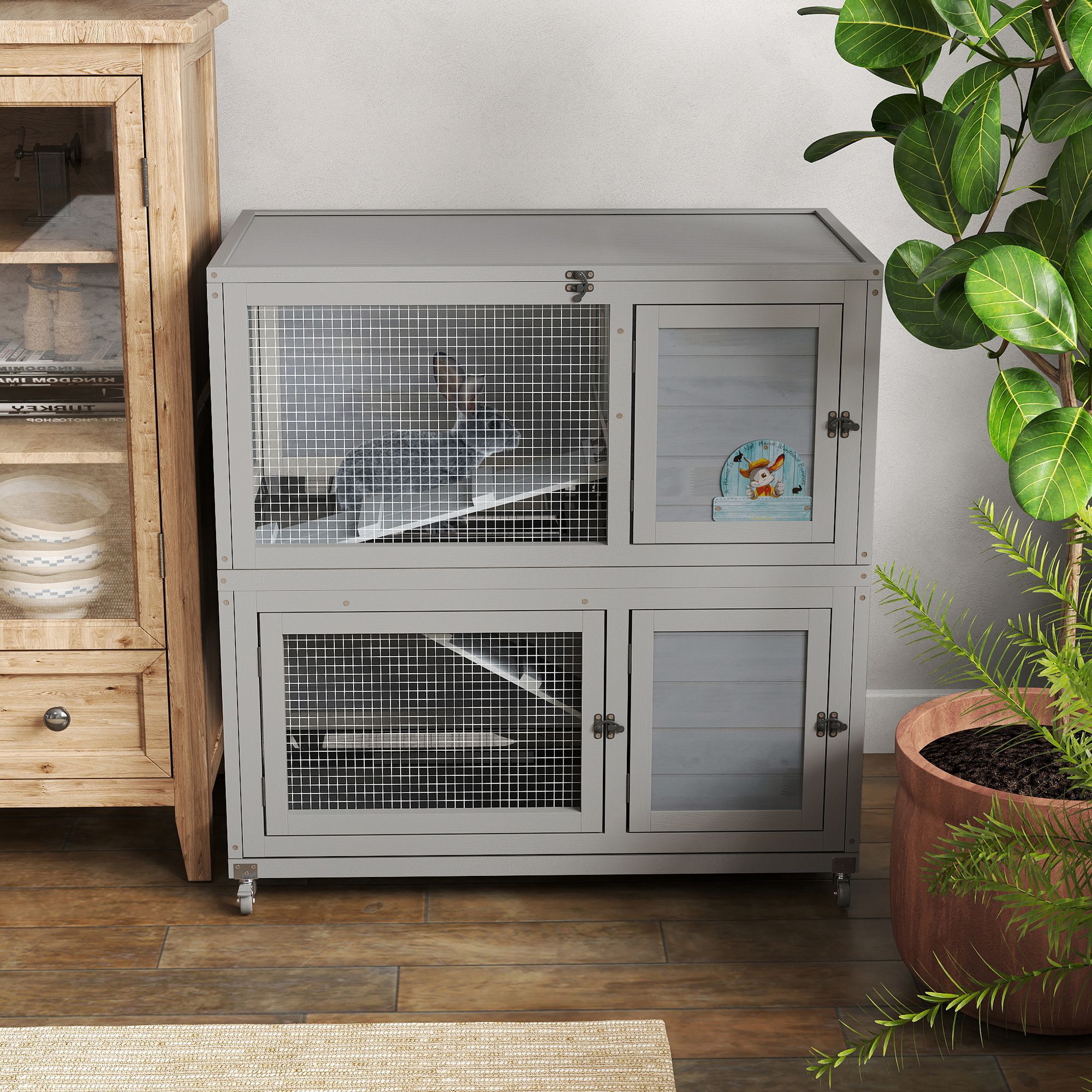 Pefilos 36" Wooden 2-Tier Rabbit Hutch, Outdoor Bunny Cage with Wheels, Small Animal Pet Cage with Ramp, Tray, 2 Doors, Openable Top, Lockable, Gray