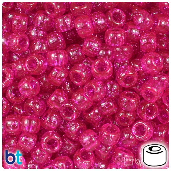 BeadTin Bright Pink Sparkle 9mm Barrel Pony Beads (500pc)
