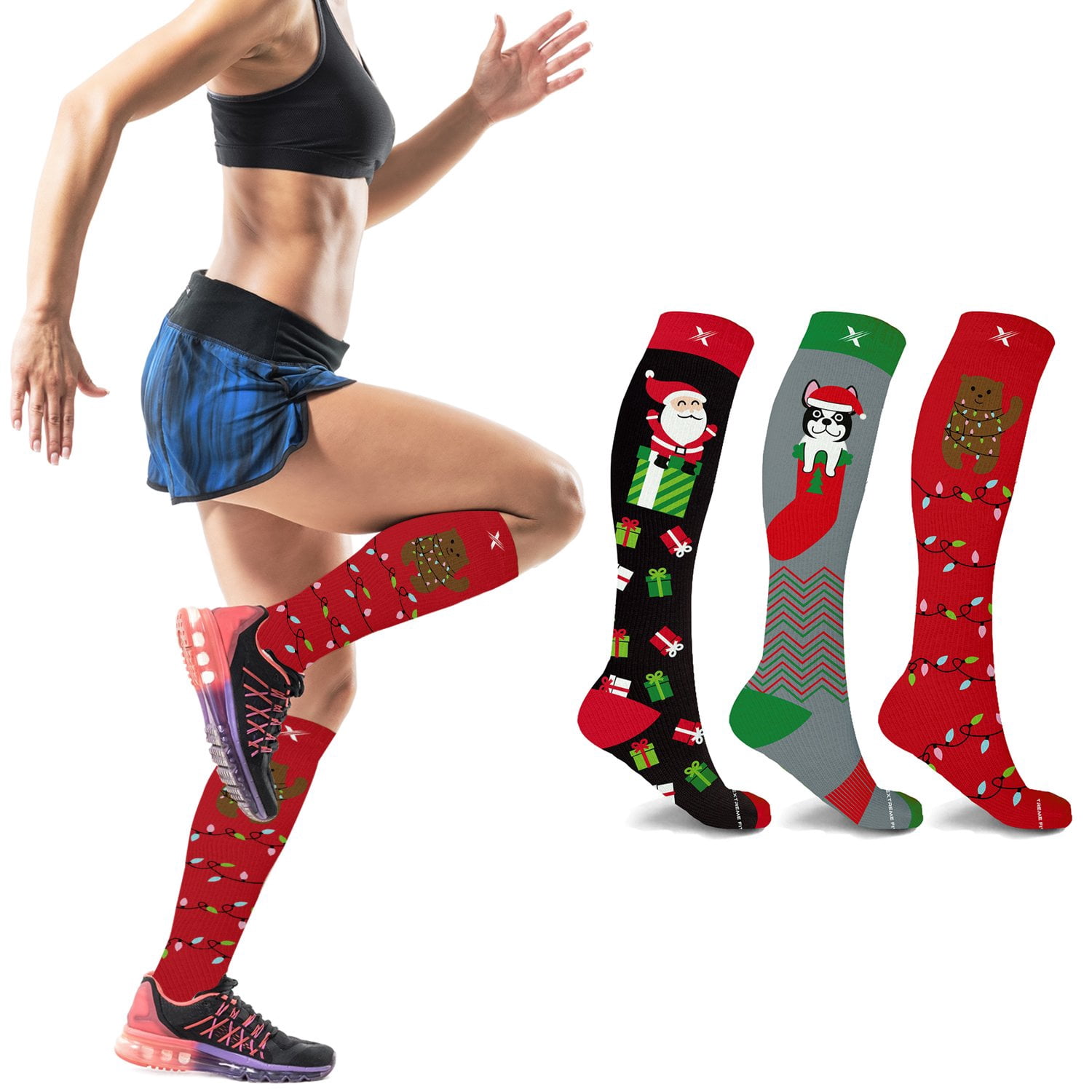 Holiday Compression Socks - Knee High Performance Socks for Running, Athletics, Travel, and Pregnancy - Improved Circulation & Support for Men and Women - 3 Pair