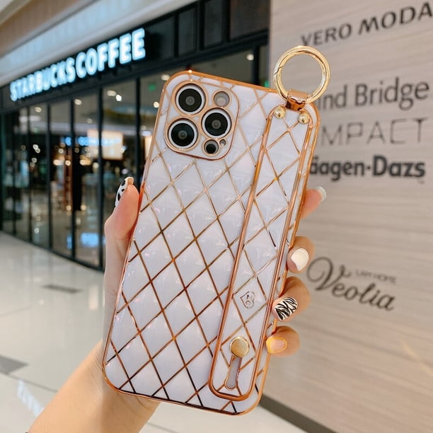 Funda de teléfono galvanizada con correa de muñeca para iPhone 12 11 13 14 Pro Max XR XS Max X 7 8 Plus SE 2020 Mini cubierta suave a prueba de golpes Tan Jianjun unisex