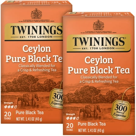 Twinings Ceylon Pure Black Tea - A Crisp, Refreshing Black Tea, Formerly Orange Pekoe, Caffeinated Tea Bags, Individually Wrapped, 20 Count (Pack of 2)