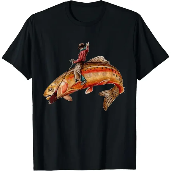 Cowboy Riding Trout – Funny Surreal Western Fishing T-Shirt