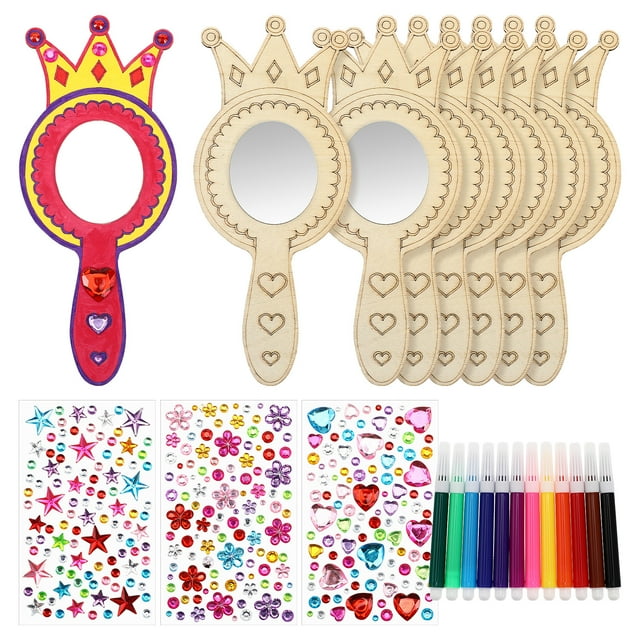 1 juego de kit de manualidades con espejos, espejo de mano de madera, espejos de corona para niños, espejos compactos, decoraciones para fiestas de cumpleaños de princesas