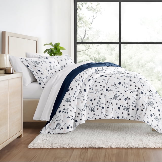 Juego de Edredón Ultrasuave para Todas las Estaciones, Ropa de Cama Alternativa en Rosa/azul Marino Floral para King/Cal King de Comfort Canopy