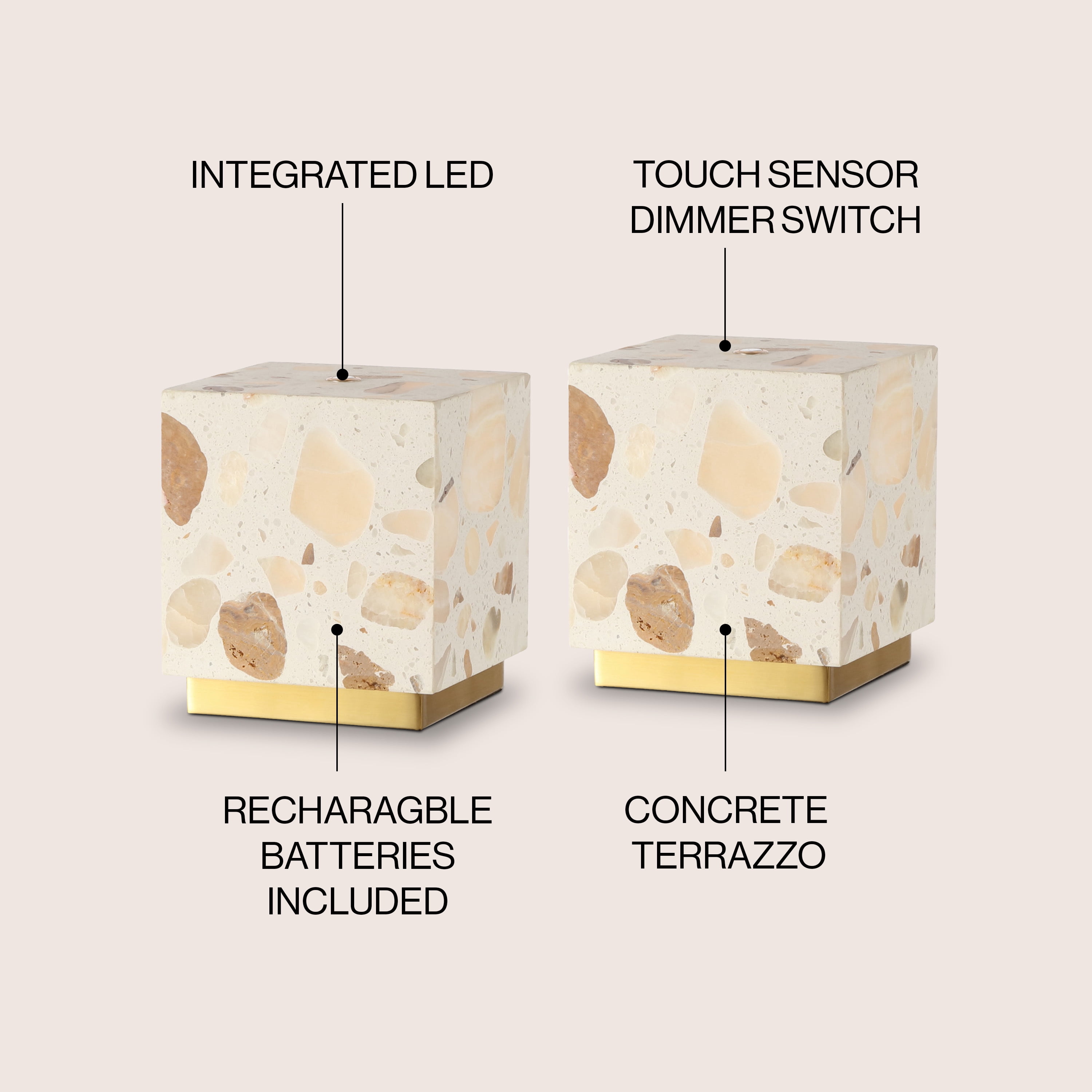 JONATHAN Y Lara 4.63" Modern Glam Terrazzo Rechargeable/Cordless Dimmable Integrated LED Mini Table Lamp with Touch Sensor, Ivory/Brass Gold (Set of 2), JYL1200A-SET2