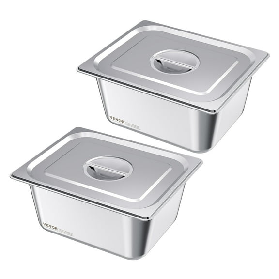 VEVOR 2 Pack Stainless Steam Hotel Pans, 1/2 Size Table Steam Pans With Lids, 6 Inch Deep, Anti Jam Restaurant Supplies Reusable Catering Storage for Home, Party, Restaurant, Hotel, Buffet