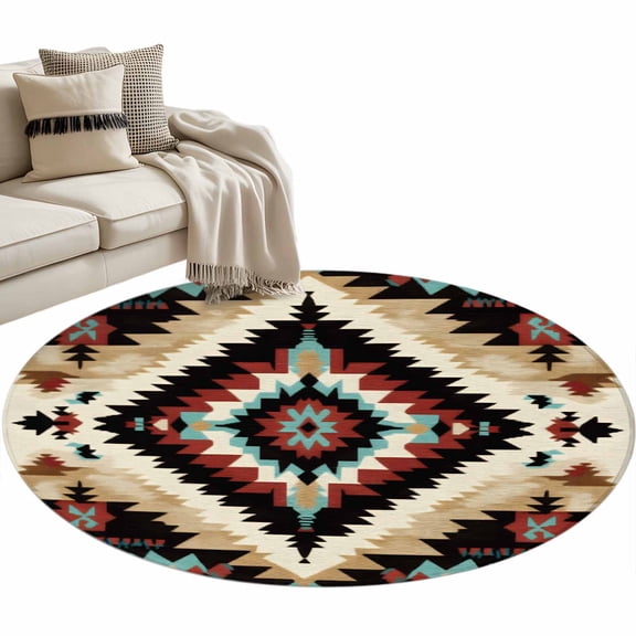 Boho Brown Teal Red 3ft Area Rug, Southwestern Geometric Art Vintage Washable Non-Slip Small Round Rugs for Entryway Bedroom Kitchen, Soft Circle Carpet for Dining Room, Playroom Nursery Rug